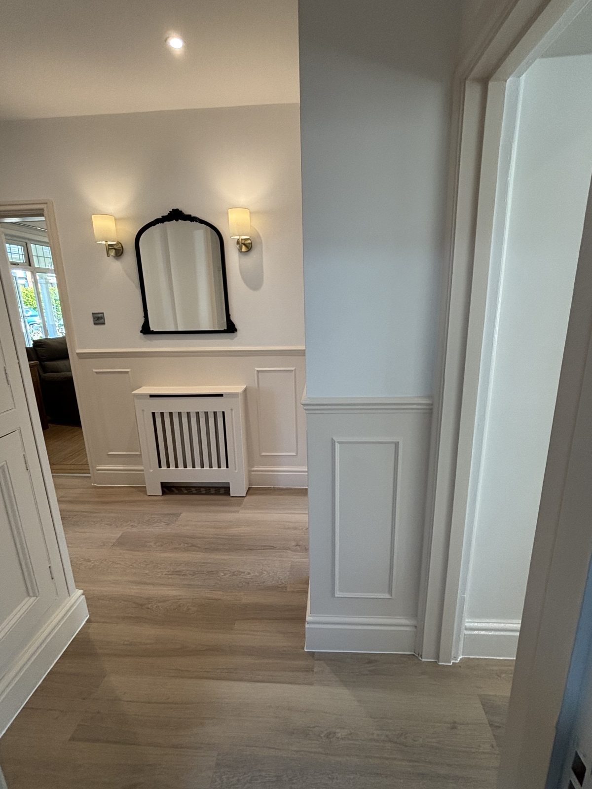 Hallway after renovation with panelling, North Devon