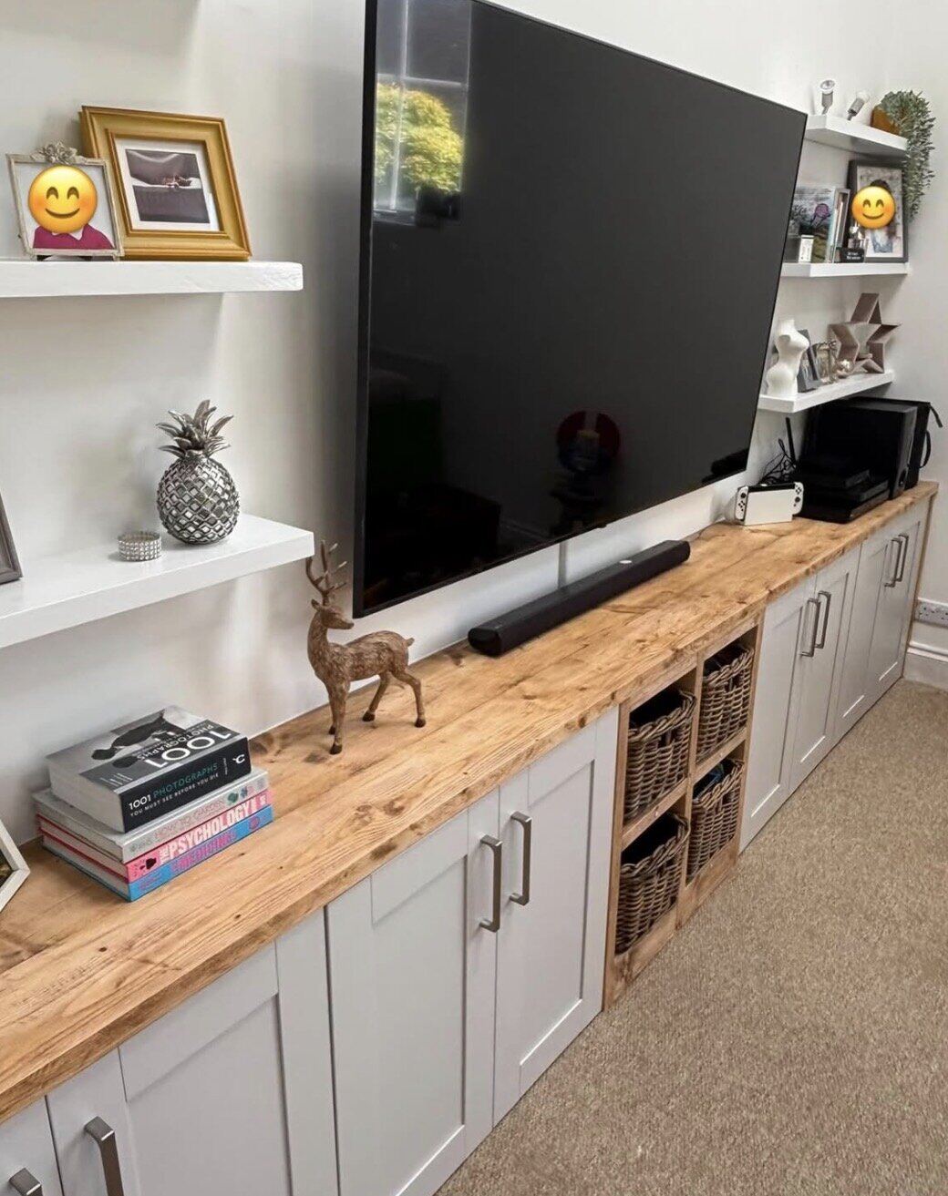 Completed media wall with rustic timber and cabinetry