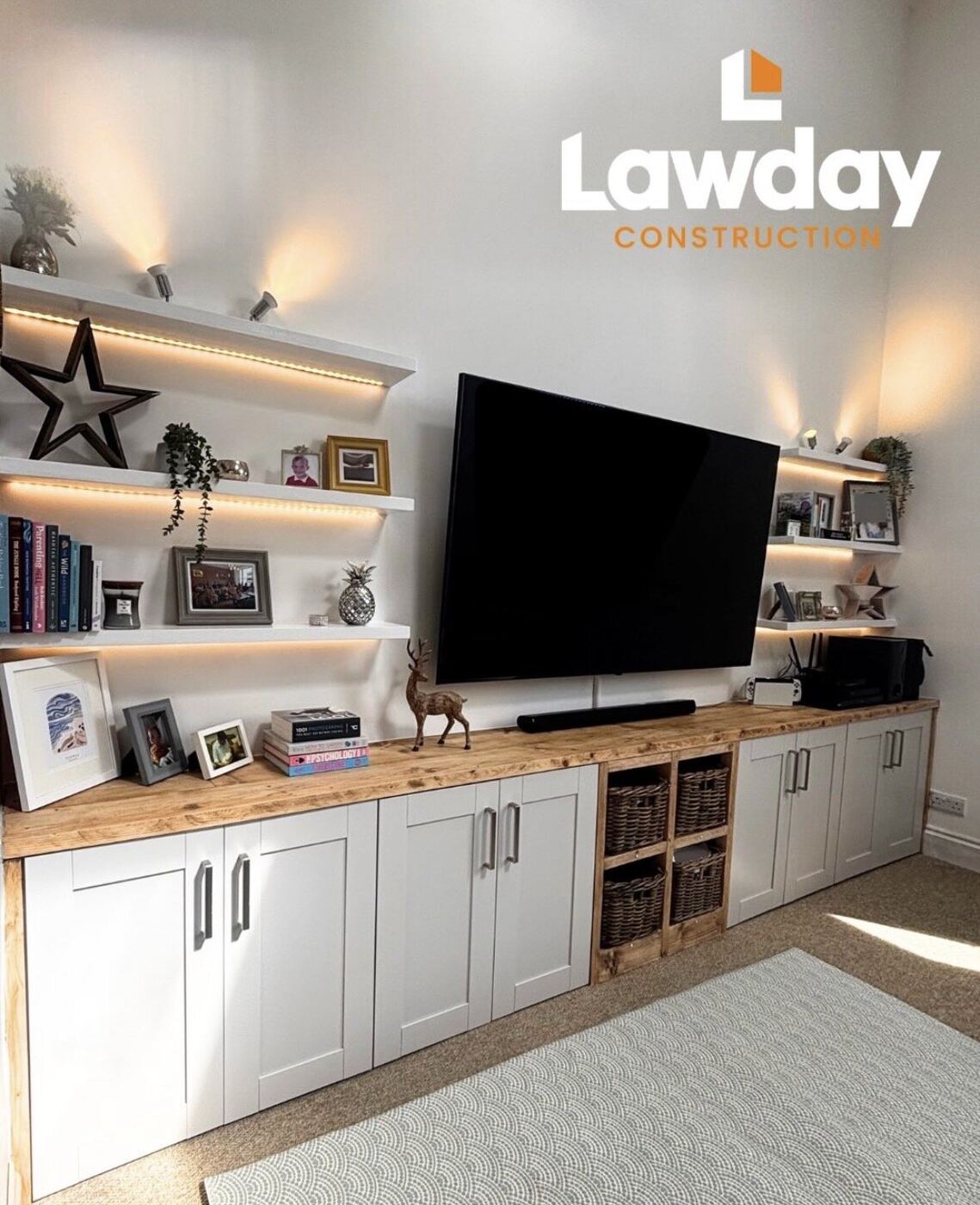 Media wall unit with wicker storage baskets
